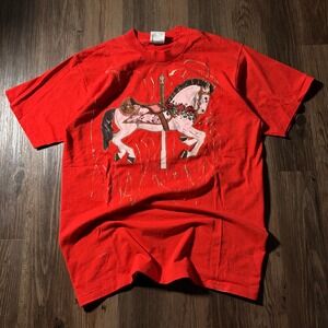 Oneita Power 50 Red Carousel Horse Graphic T Shirt‎ Mens XL Made USA